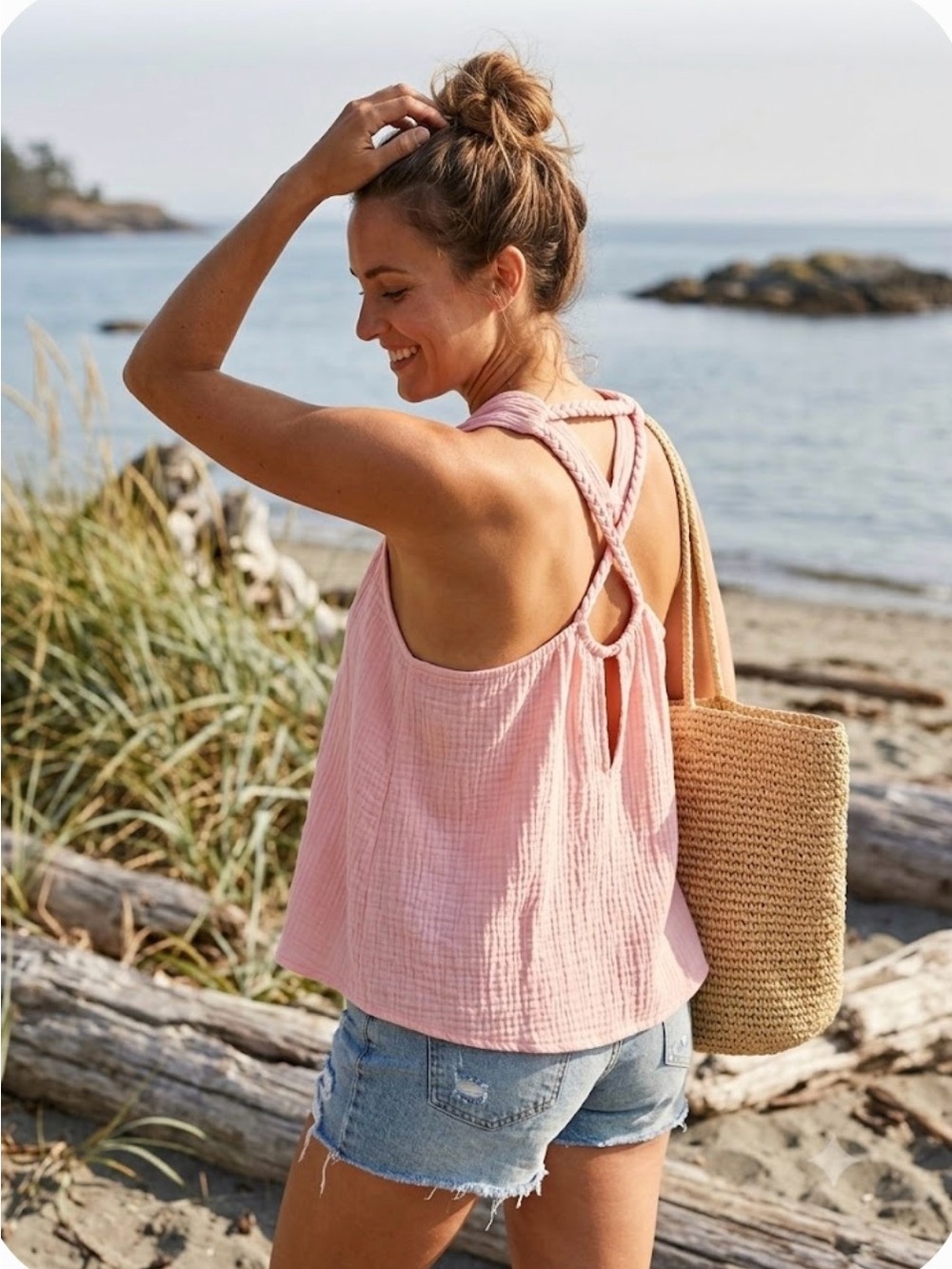 NWT Heyson Pink Double Gauze Cotton Braided Straps Halter Top - Size Large